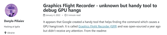 谷歌开发图形飞行记录器，用于追踪和识别 GPU 挂起和崩溃问题